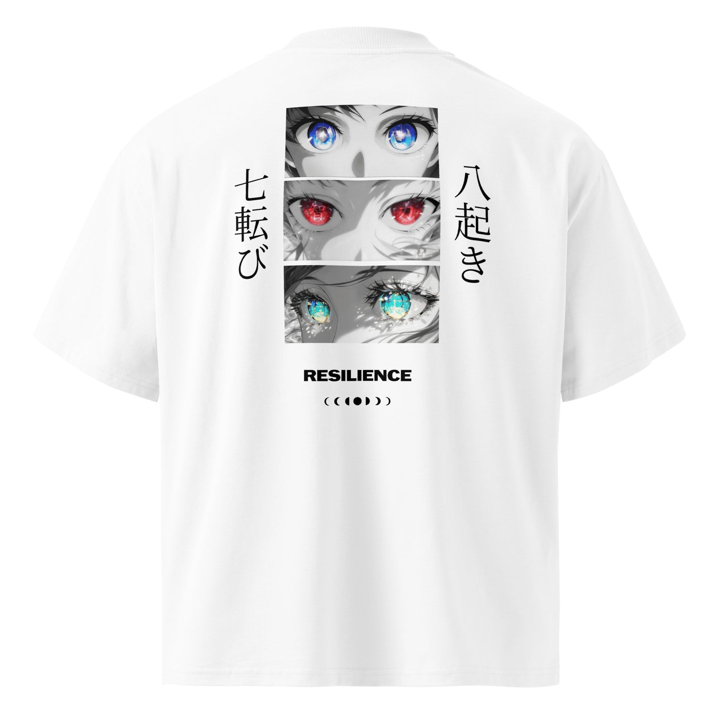 Resilience Oversized T-Shirt weiss, Rückseite mit Anime-Augen-Print, Flatlay