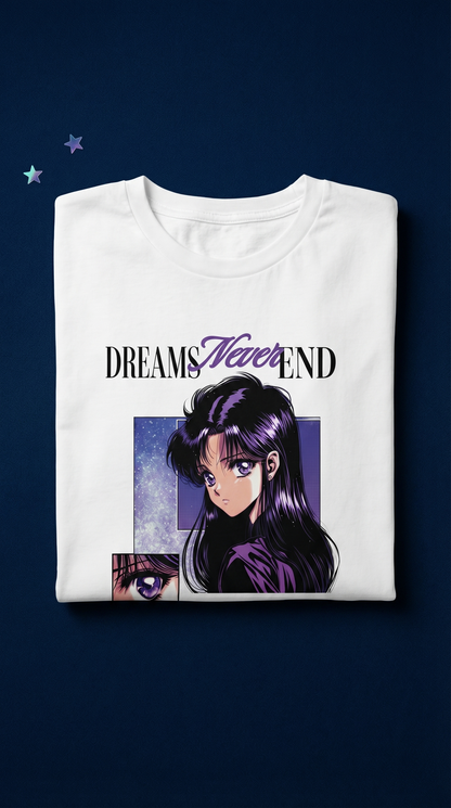 Dreams Never End 90s anime girl T-shirt front view — galaxy aesthetic white unisex tee by Akirama