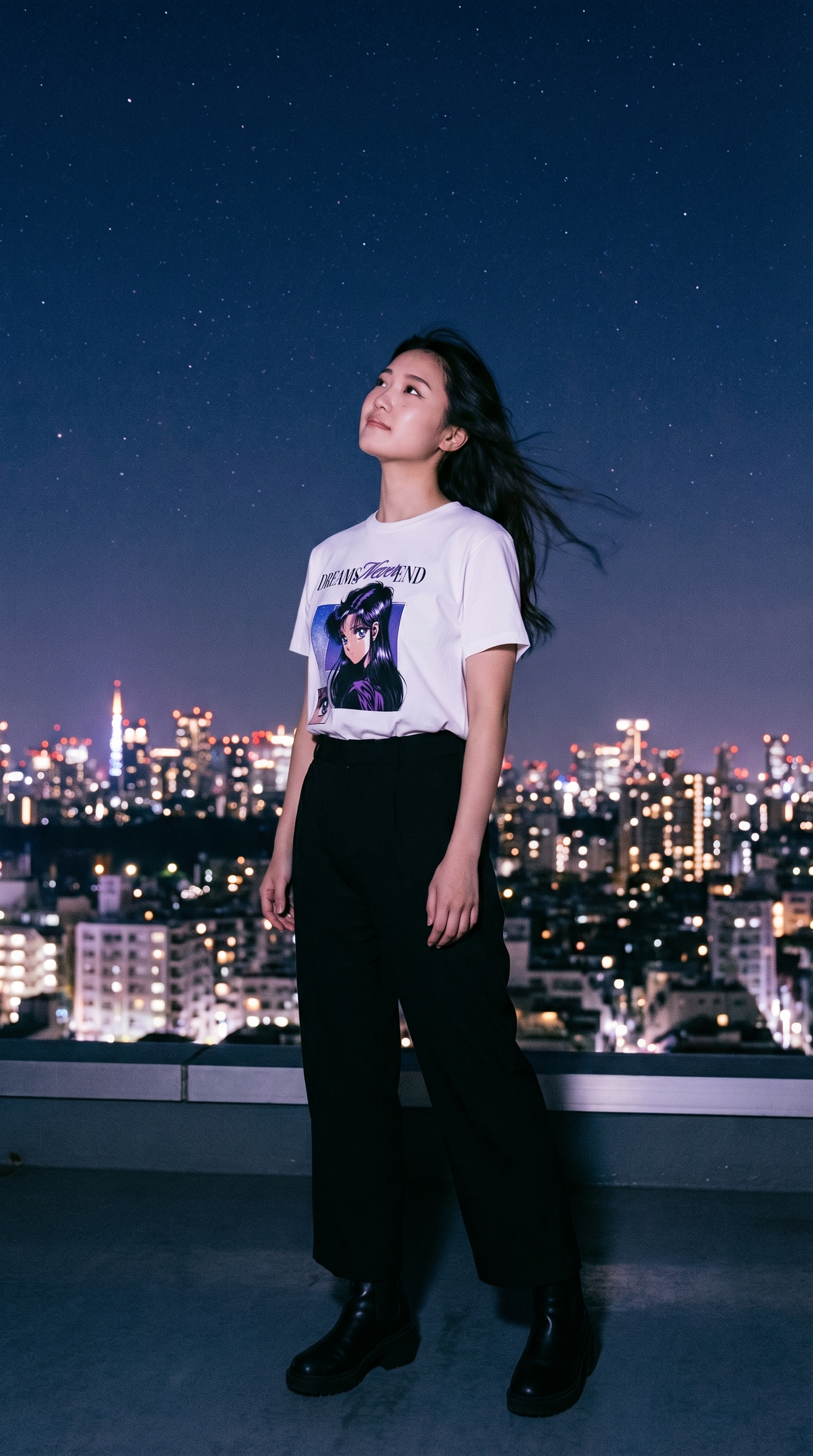Model wearing Dreams Never End anime shirt on Tokyo rooftop at night — purple and white aesthetic streetwear