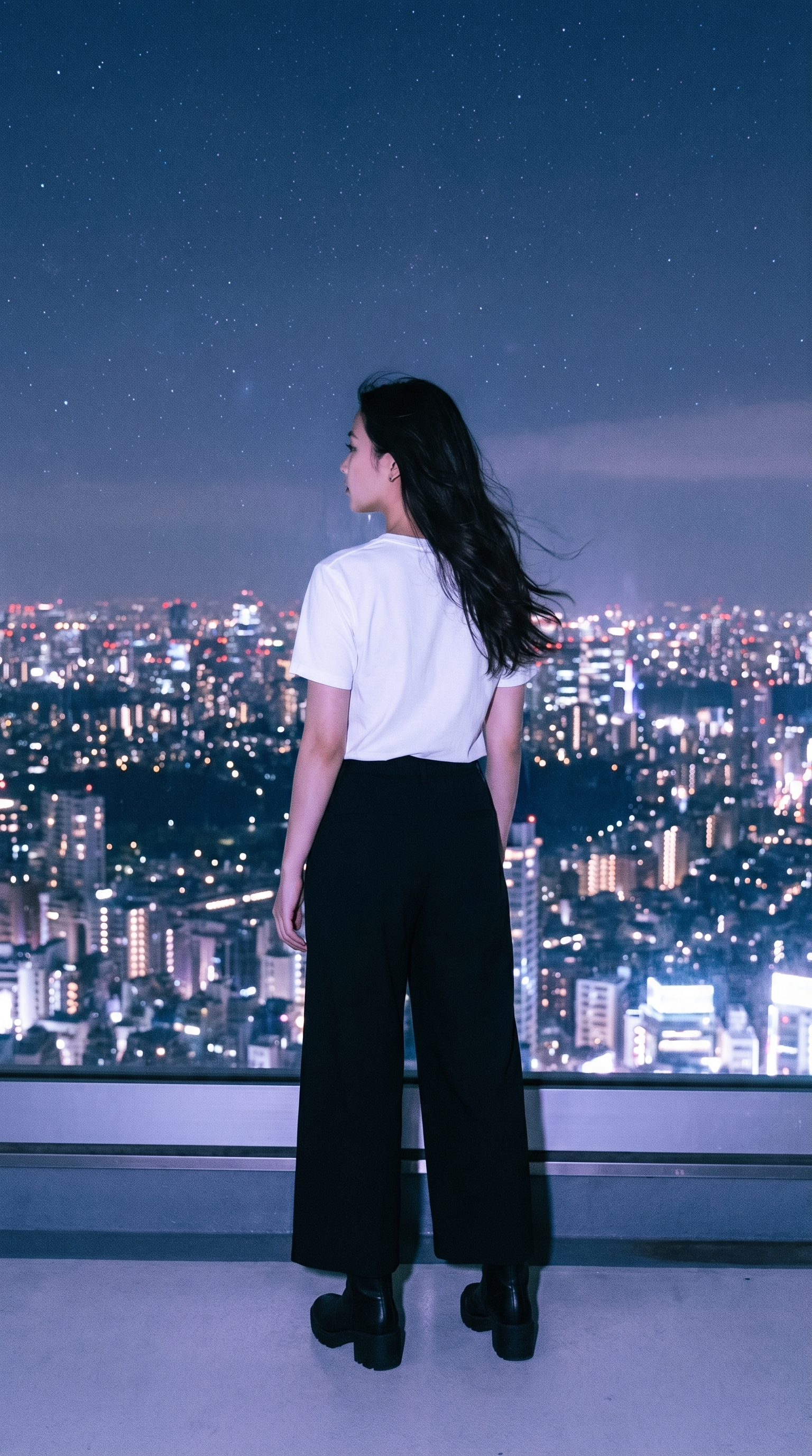 Back view of 90s anime girl oversized T-shirt worn in Tokyo — Akirama aesthetic tee
