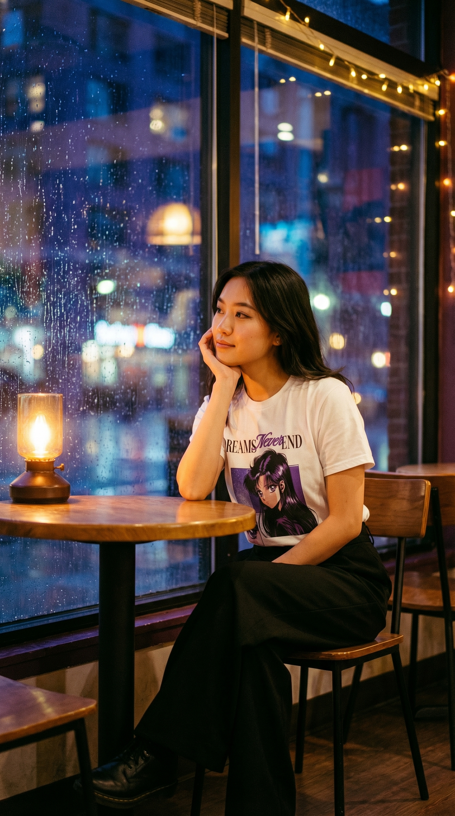 Rainy Tokyo cafe window with model in 90s anime graphic T-shirt — Akirama nostalgic streetwear