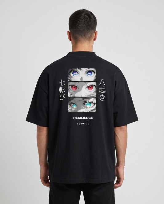 Schwarzes Oversized-T-Shirt mit Anime-Rückenprint: drei Augenpaare, japanische Kanji und Schriftzug Resilience