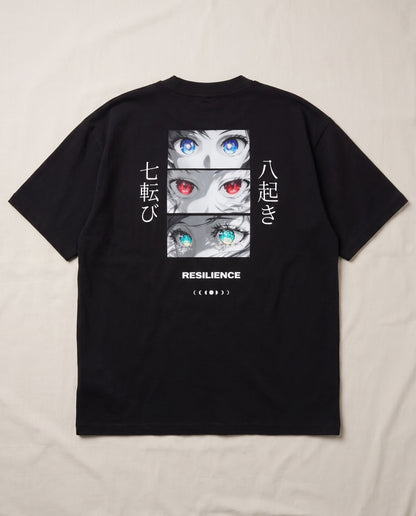 Resilience Oversized T-Shirt Schwarz, Rückseite mit Anime-Augen-Print, Flatlay