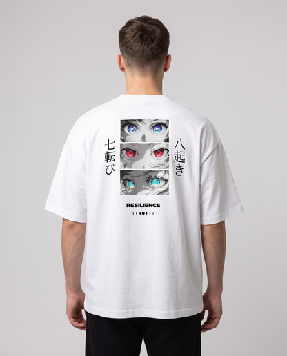 Weisses Oversized-T-Shirt mit Anime-Rückenprint Resilience: drei Augenpaare und japanische Kanji