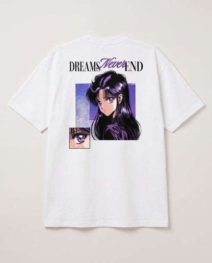Dreams Never End Oversized T-Shirt Weiss, Rückseite mit 90s-Anime-Print, Flatlay